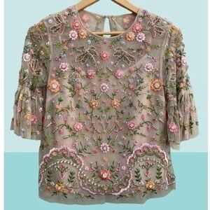 NEEDLE & THREAD Dragonfly‎ Embroidered Beaded Sequined Tulle Top Size 2